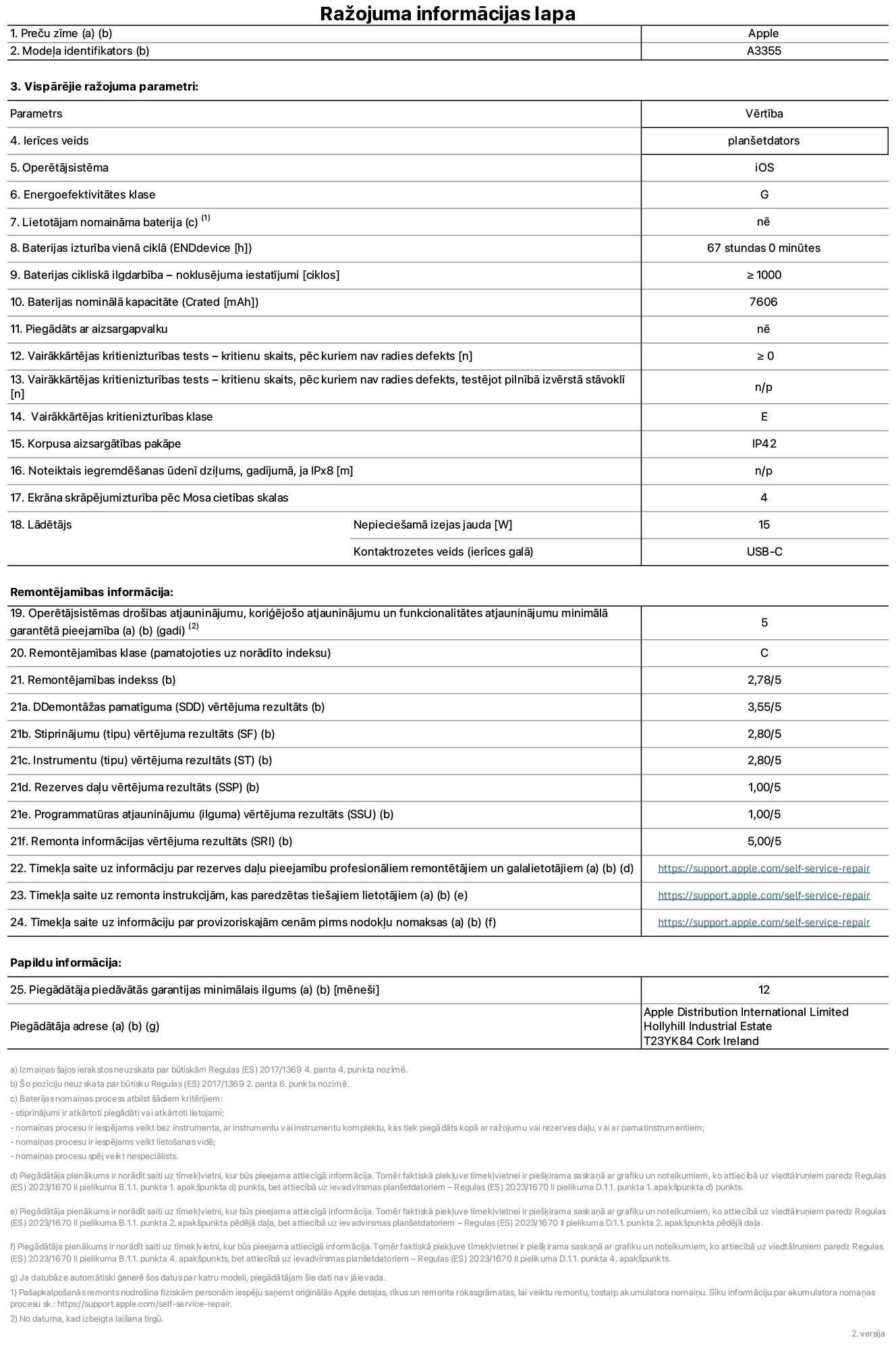 Produkta informācijas lapa – iPad Wi-Fi + Cellular, modelis A3355. Piegādātājs: Apple Distribution International Ltd, Hollyhill Industrial Estate. Korka, Īrija T23 YK84. Ierīces veids: planšetdators. Operētājsistēma: iOS. Energoefektivitātes klase: G. Lietotāja paša spēkiem nomaināms akumulators: nē. Akumulatora izturība: 67 stundas. Akumulatora cikliskā izturība: ≥ 1000. Akumulatora nominālā kapacitāte: 7606 mAh. Vairākkārtējas kritienizturības tests – kritienu skaits, pēc kuriem nav radies defekts: ≥ 0. Vairākkārtējas kritienizturības klase: E. Korpusa aizsargātības pakāpe: IP42. Ekrāna skrāpējumizturība pēc Mosa cietības skalas: 4. Lādētājam nepieciešamā izejas jauda: 15 W. Lādētāja kontaktrozetes veids: USB-C. Operētājsistēmas drošības atjauninājumu, koriģējošo atjauninājumu un funkcionalitātes atjauninājumu minimālā garantētā pieejamība: 5 gadi. Remontējamības klase: C. Remontējamības indekss: 2,78/5. Demontāžas pamatīguma vērtējuma rezultāts: 3,55/5. Stiprinājumu vērtējuma rezultāts: 2,80/5. Instrumentu vērtējuma rezultāts: 2,80/5. Rezerves daļu vērtējuma rezultāts: 1,00/5. Programmatūras atjauninājumu vērtējuma rezultāts: 1,00/5. Remonta informācijas vērtējuma rezultāts: 5,00/5. Tīmekļa saite uz informāciju par rezerves daļu pieejamību profesionāliem remontētājiem un galalietotājiem: https://support.apple.com/self-service-repair. Tīmekļa saite uz remonta instrukcijām, kas paredzētas galalietotājiem: https://support.apple.com/self-service-repair. Tīmekļa saite uz informāciju par provizoriskajām cenām pirms nodokļu nomaksas: https://support.apple.com/self-service-repair. Piedāvātās garantijas standarta ilgums: 12 mēneši.