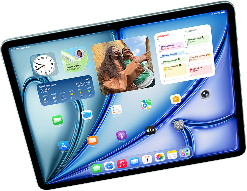 Horizontāli novietots iPad Air demonstrē Apple Intelligence ar Image Playground, Keynote, Apple Pencil Pro