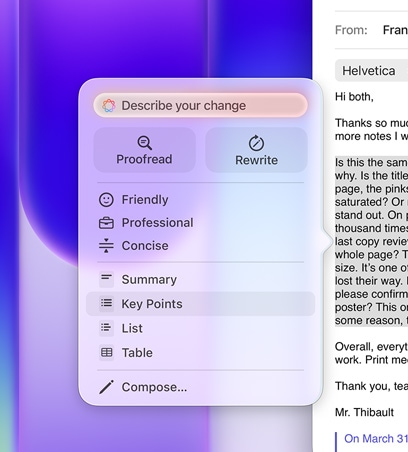 Tiek izmantoti Writing Tools, izceļot e-pastā lielu rindkopu, Writing Tools izvēlnē ir atlasīta Key Points opcija ar numurēta saraksta ikonu