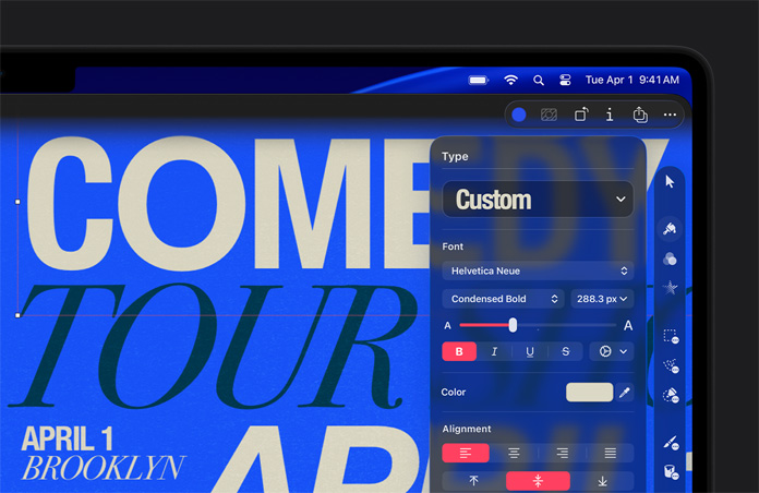 مساحة عمل في Pixelmator Pro مع كلمات مطبوعة بالأبيض والأسود على خلفية زرقاء، شريط أدوات إلى اليمين