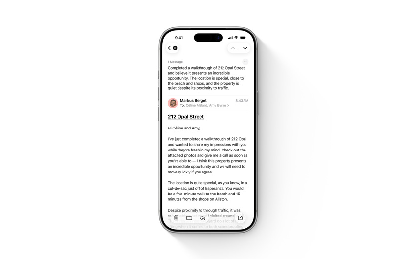 iPhone showing an email with an Apple Intelligence summary at the top.