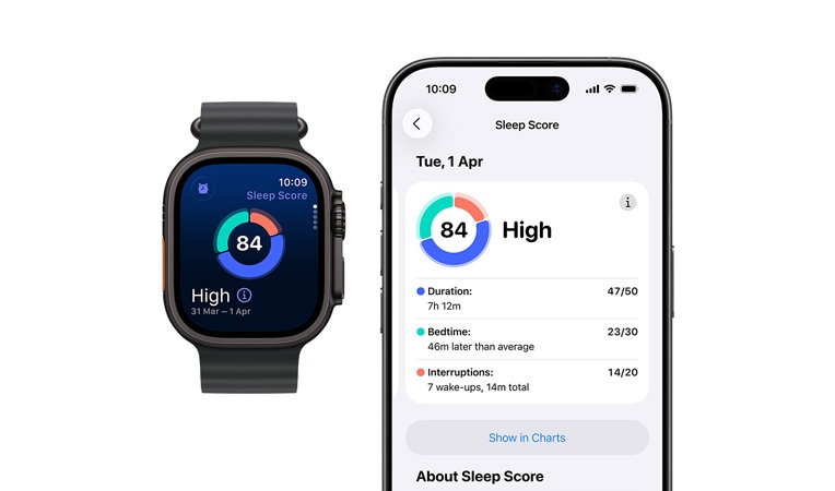 Apple Watch Series 11, aluminum case, rose gold color, sleep score circle graph and rating, right side exterior: Digital Crown, light blush Sport Band, full sleep analysis open on paired iPhone