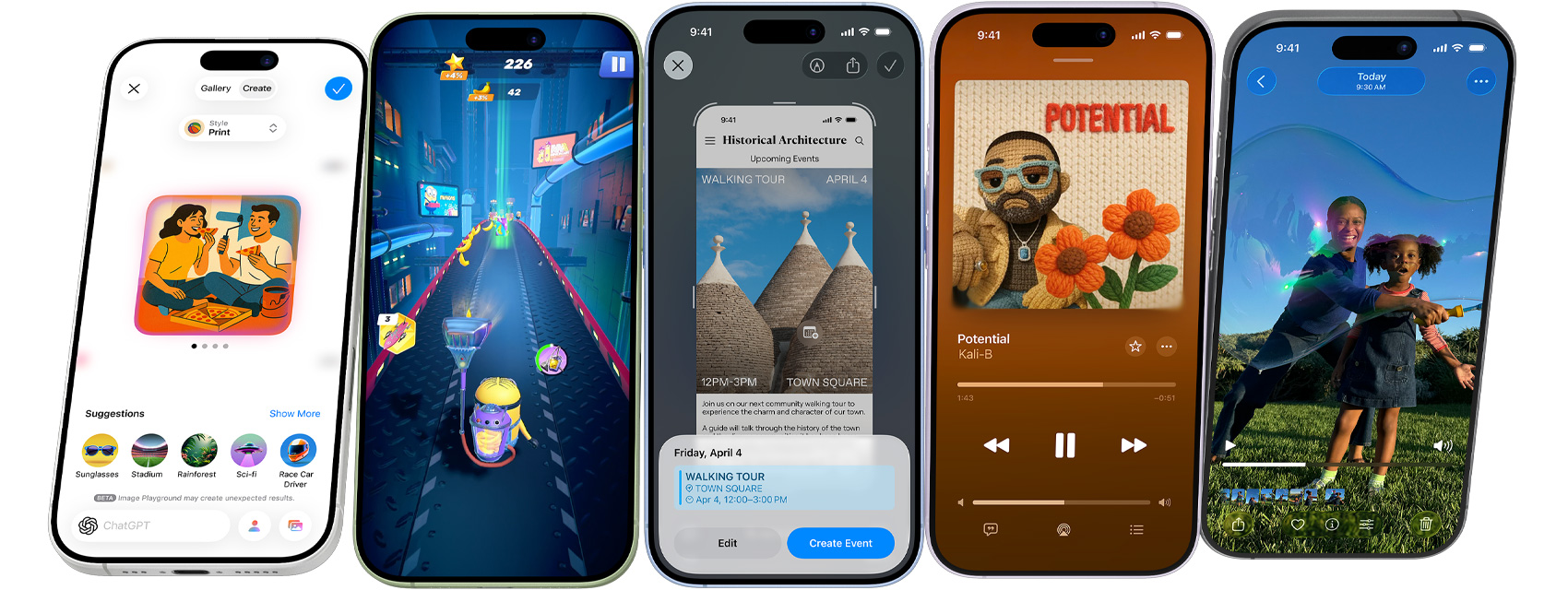 iPhone 17 devices spinning end over end, stopping on screens showing iPhone features