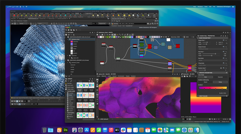 شاشة تعرض برنامج Adobe&nbsp;Substance&nbsp;Designer وبرنامج Houdini&nbsp;3D يُستخدمان في التحرير على Mac&nbsp;Studio بشريحة M4&nbsp;Max