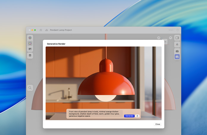 شاشة تطبيق عالم الصور مع صورة لمصباح معلق ونص تم إنشاؤه بالذكاء الاصطناعي