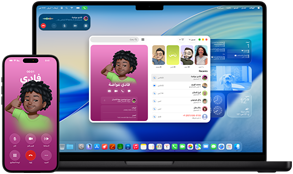 جهازا MacBook Pro وiPhone 16 Plus، تطبيق الهاتف مفتوح، جهة الاتصال نفسها معروضة على الشاشتين لتوضيح ميزة الاستمرارية