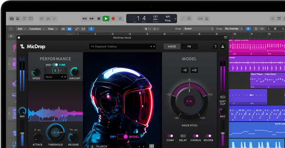 محتوى على شاشة يعرض برنامج MicDrop وهو يستخدم ميزات الذكاء الاصطناعي لتعديل تسجيل صوتي على MacBook Pro