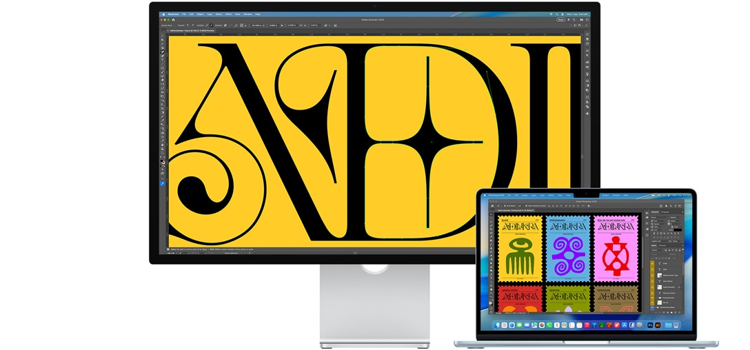 Studio Display and a Mac laptop showing a project in Adobe Illustrator 2025, Studio Display screen is a closeup view of the project