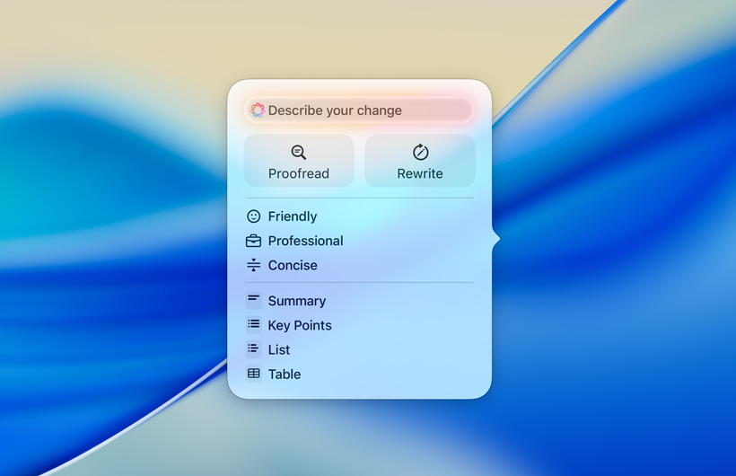 書寫工具的用户介面，包括用於輸入提示的文字欄位、用於校對和重寫的按鈕、不同的寫作語氣，以及用於摘要、重點、表格和列表的選項。