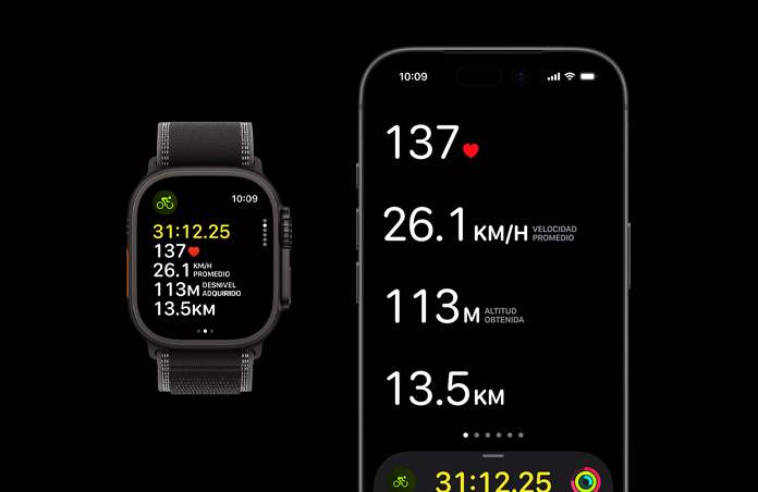 Datos de un entrenamiento activo en un Apple Watch Ultra 3 y un iPhone