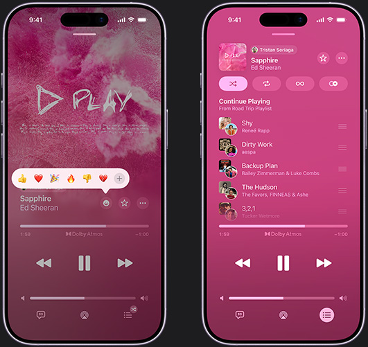 iPhone on left showing Don't Do Me Good by Madi Diaz and Kacey Musgraves playing on screen with reaction emoji prompt showing options to thumbs up, heart, celebrate, thumbs down or add another reaction, iPhone on right showing Collaborative playlist called Road Trip Playlist with multiple songs added by other contributors