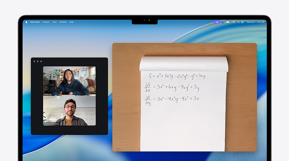Video call on MacBook Air of a person using the Desk View feature to show a math equation to a person on the call, Desk View lets them show their workspace and their face simultaneously