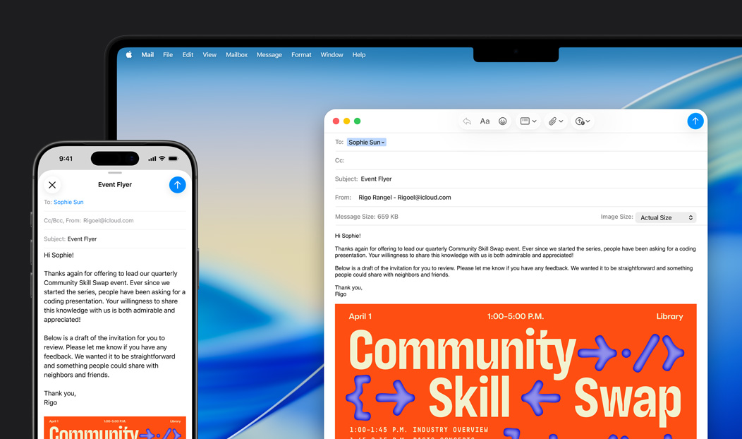 iPhone 16 Plus and MacBook Pro, Mail app open, same email draft displayed on both screens