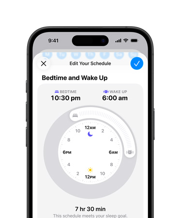 iPhone, Health app open to sleep schedule, bedtime set to 22:30, wake up set to 7:00, radial time dial in centre screen, 8 hr 30 min sleep goal met