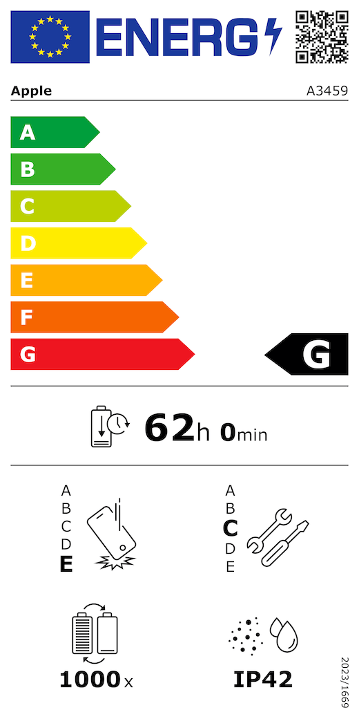 EU Energy Label QR code and information, Apple model A3459, class G, energy efficiency classes (with a scale from A to G), A (most efficient) to G (least efficient), battery endurance per cycle, 62 hours and 0 minutes per full battery charge, repeated free fall reliability class E, A (most robust) to E (least robust), repairability class C, A (most repairable) to E (least repairable), 1000 battery endurance in cycles, dust and water ingress protection (IP) rating IP42, regulation 2023/1669