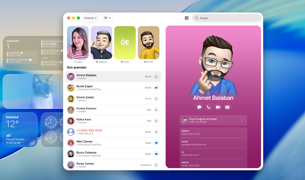 MacBook Pro, Telefon uygulaması açık, yakınlarda aranan bir kişi gösteriliyor