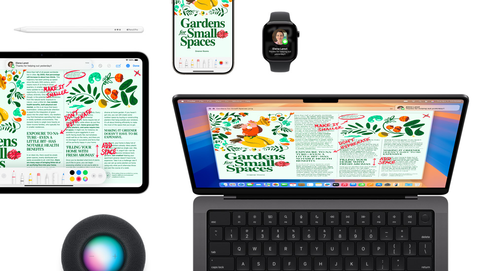 一組 iPad、iPhone、Apple Watch 與 Mac 裝置，螢幕顯示相同的內容。