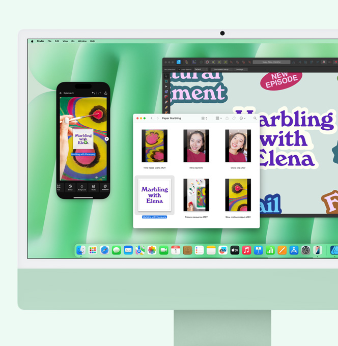 綠色 iMac。展示正在使用 iPhone 鏡像輸出功能。從 iMac 將一個檔案拖曳到鏡像輸出的 iPhone 畫面