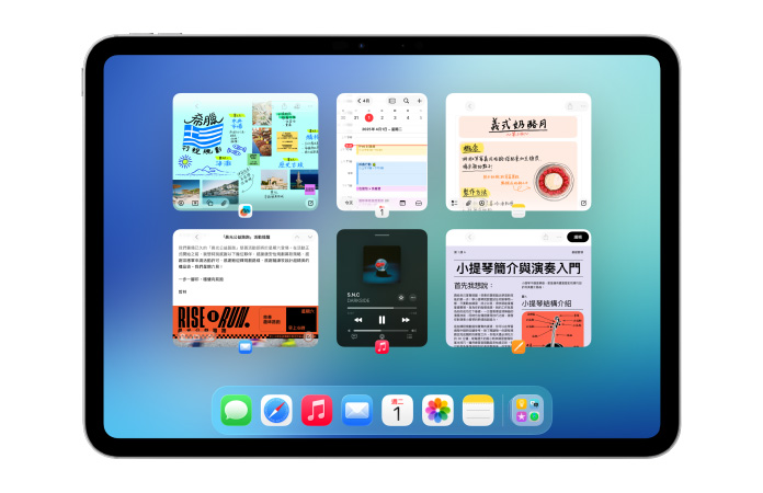 橫向放置的 iPad，螢幕上六個視窗呈兩列打開，包括行事曆 app、備忘錄 app、Apple Music 和 Safari