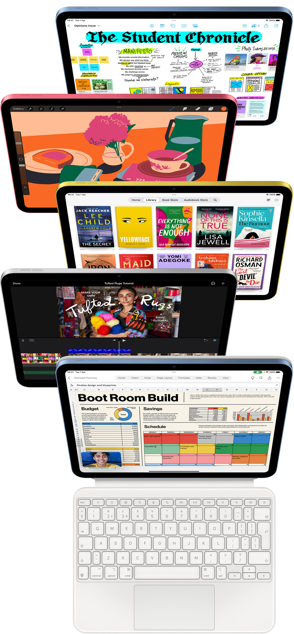 Front-facing iPad screens show a variety of apps including Freeform, ProCreate, Books, iMovie and Microsoft Excel with Webex Meetings.