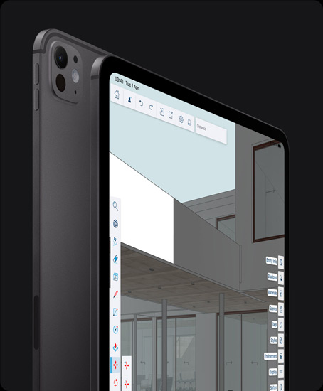 iPad Pro, back exterior, portrait orientation, space black colour, pro camera system, volume-up button, volume-down button, iPad Pro, front exterior, portrait orientation, space black colour, black display bezel, rounded corners, display showing graphic design editing app with tools and effects open in left and right menus