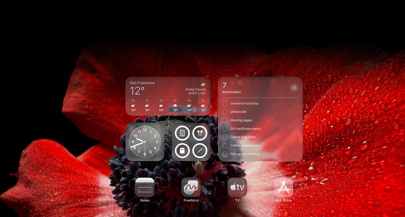 Lock Screen showing app icons for Weather, Reminders and Clock, all translucent Liquid Glass, refracting background