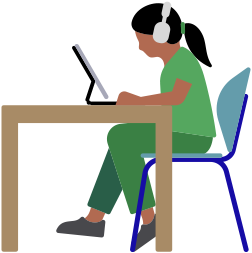 Una mujer con unos AirPods Max usa un iPad sentada a un escritorio