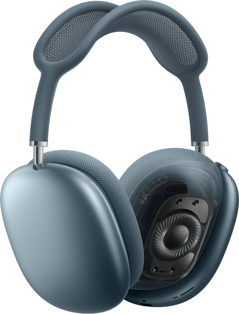 AirPods Max 2 headphones in blue color, side exterior, one ear cushion with cross-section of dynamic driver technology inside