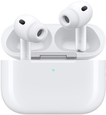AirPods Pro 3 and MagSafe Charging Case (USB-C), rounded case exterior, LED power indicator, case lid open, white color, wireless headphones with silicone tips, stem interior features letter L and letter R