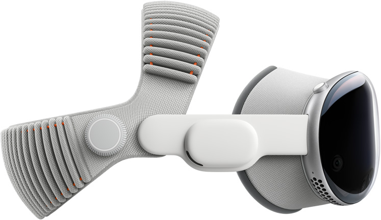 Apple Vision Proを横から見た図。アルミニウムアロイのフレームにライトシーリング、オーディオストラップ、デュアルニットバンドが取りつけられている