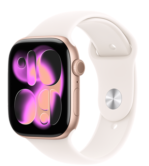 Apple Watch Series 11, Farbe Roségold, Aluminiumgehäuse, Responsive Art Zifferblatt, rechte Seitenansicht, Digital Crown, Mikrofon, Seitentaste, Sportarmband, Farbe Blassrosa