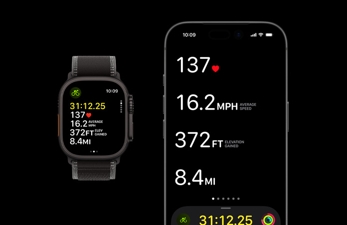 Apple Watch Ultra 3, finition noire, boîtier en titane, Boucle Trail, coloris noir/charbon, iPhone, données d’un exercice en cours affichées sur les deux appareils
