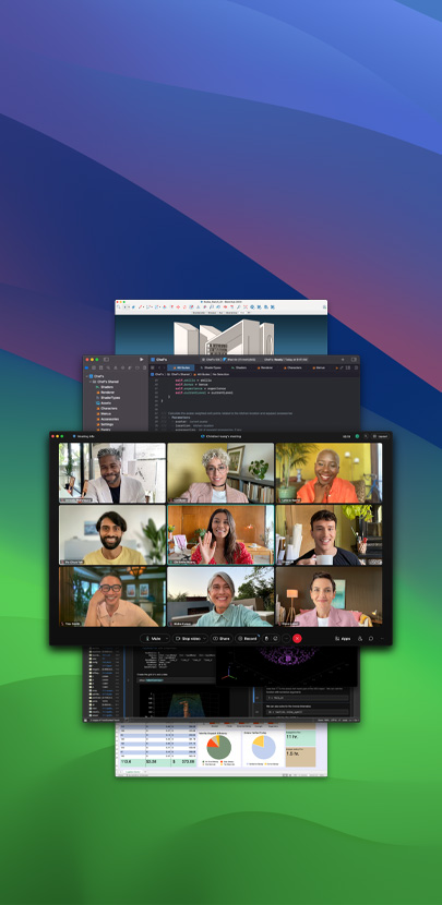 Üst üste açılmış çeşitli uygulamalar görünüyor. En öndeki uygulama, birkaç katılımcının olduğu bir Zoom görüşmesi.