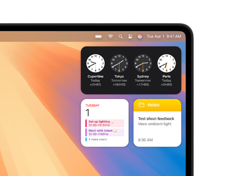 Forskellige widgets på et Mac-skrivebord, herunder Ur, Kalender, Noter og Vejr.