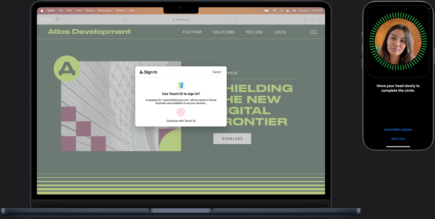 En Mac og en iPhone med forskellige Touch ID-elementer til sikkert login.