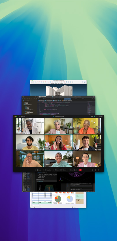 顯示多個 app 畫面，包括以 Zoom 舉行的線上會議。