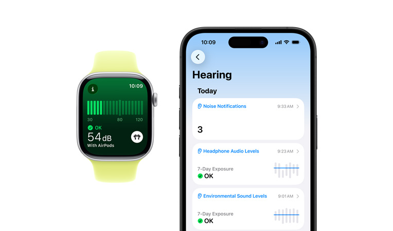 Apple Watch Series 11, caja de aluminio, color plata, app Ruido, correa deportiva en color amarillo neón, resumen diario de audición completo abierto en un iPhone enlazado