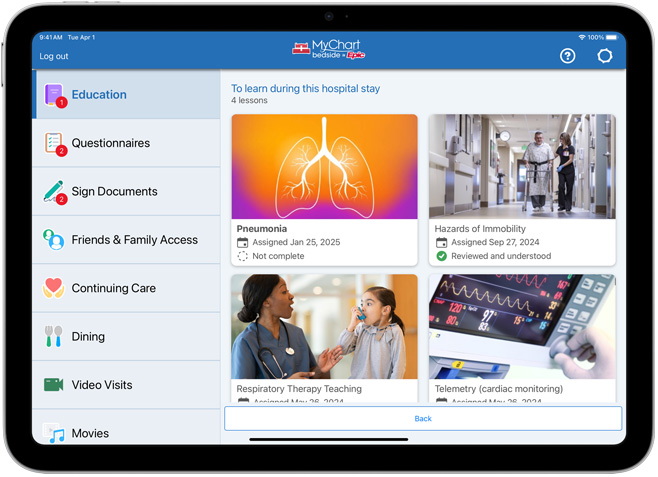 Écran affichant l’app Epic MyChart Bedside