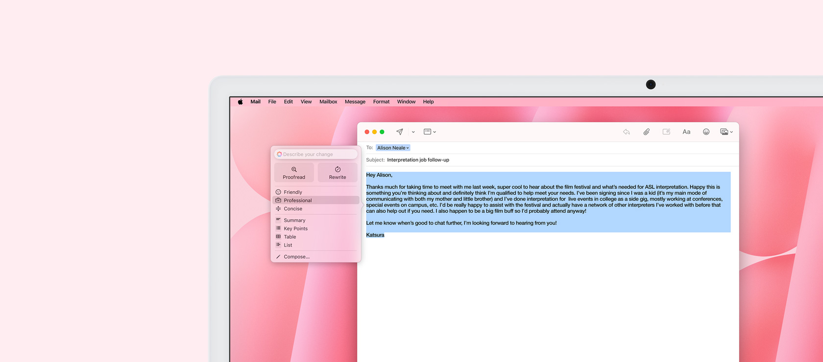 iMac screen displaying Mail app with Writing Tools feature. An email draft is highlighted, and the Professional Tone option is shown next to it