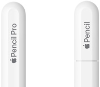 둥근 끝 부분에 Apple Pencil Pro라는 각인이 새겨진 Apple Pencil Pro와 끝단 캡에 Apple Pencil이라는 각인이 새겨진 Apple Pencil USB-C