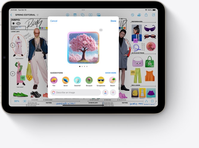 Een iPad mini met daarop Image Playground, een nieuwe Apple Intelligence-feature die in Freeform wordt gebruikt.