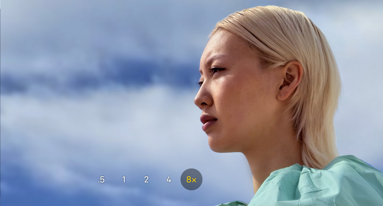 iPhone 17 Pron Kamera-appi, optinen zoomaus 0,5x, 1x, 2x, 4x ja 8x, valittuna 8x.