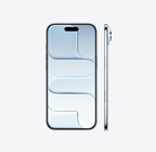 Himmelblå iPhone Air vist forfra, Dynamic Island øverst i midten. Vist fra siden, meget tynd profil, sideknap, knappen Kamerabetjening