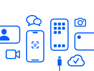 iCloud, Face ID 지원 iPhone 및 충전 케이블, 카메라 앱, 메시징, 메시지 앱 등의 Apple 기기와 기능.