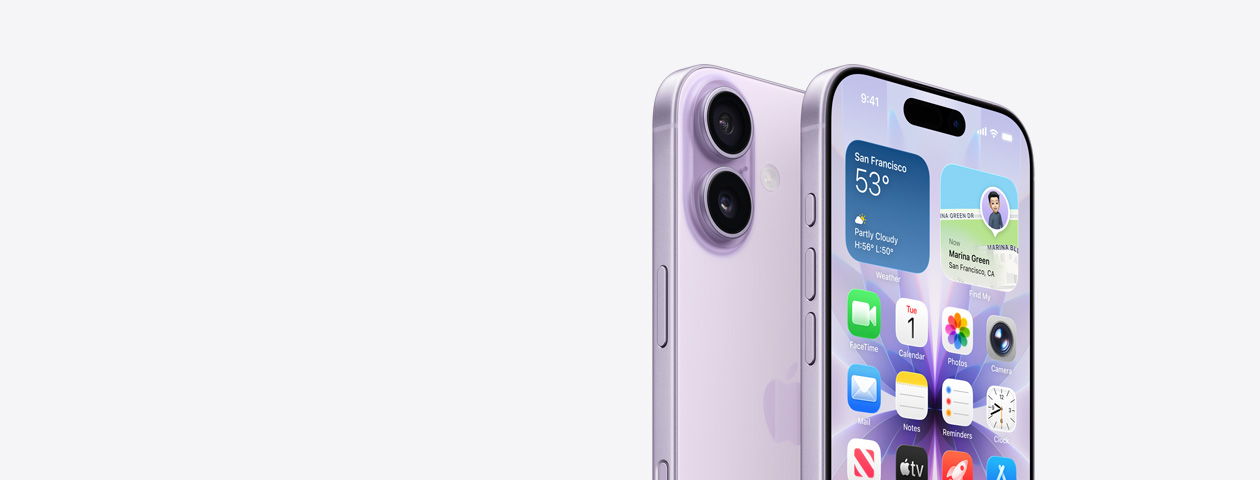 iPhone 17 in lavender finish, front exterior with partial home screen displayed, side angle shows - Action and volume buttons. Back exterior shows Dual Fusion Camera System in top left corner, camera control button