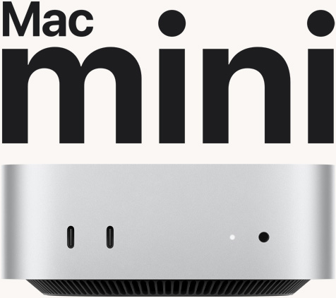 Vorderansicht eines Mac mini in Silber mit den Anschlüssen vorn und der Statusanzeige.