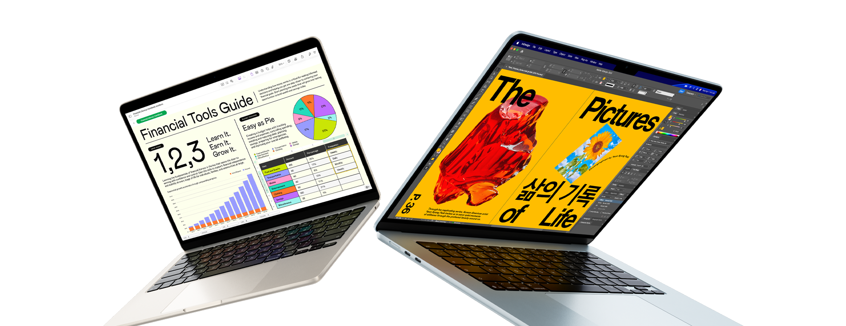 Una laptop MacBook Air de 13 pulgadas y otra de 15 pulgadas, una pantalla muestra un proyecto de Numbers y la otra un proyecto de diseño