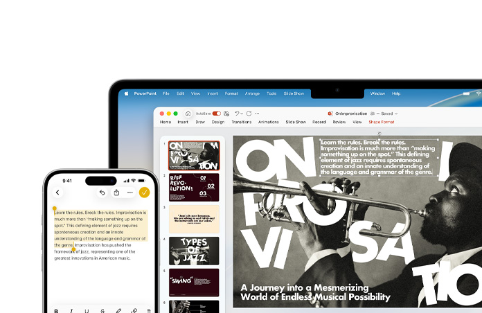 iPhone 16 Plus con texto resaltado en la app Notas, MacBook Air con una diapositiva de Keynote abierta, el texto de la app Notas aparece en la diapositiva