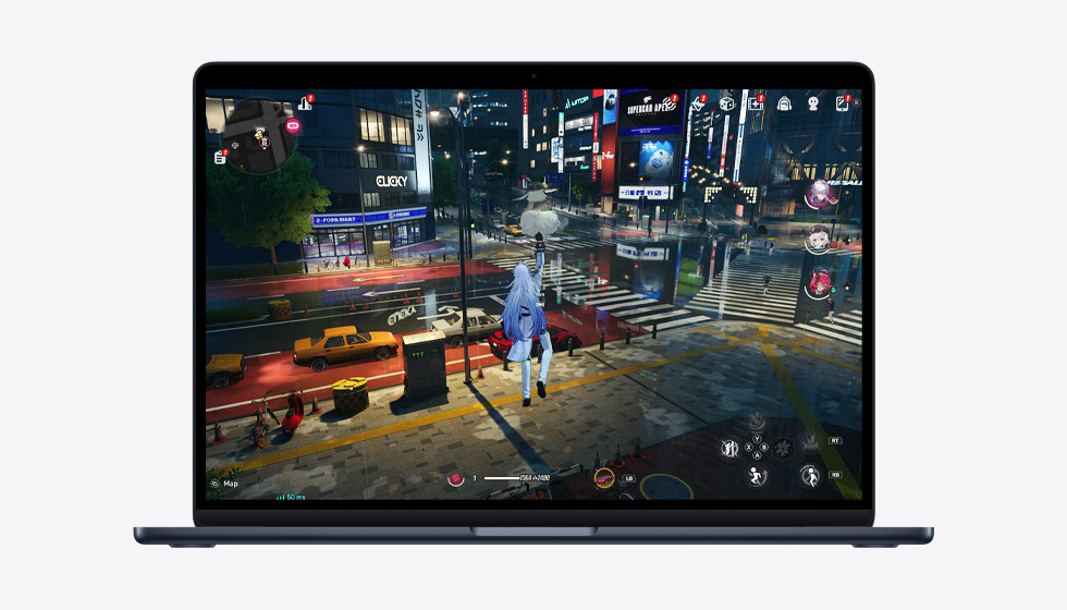 MacBook Air’in ekranında M5 çipin becerilerini sergileyen bir oyun gösteriliyor