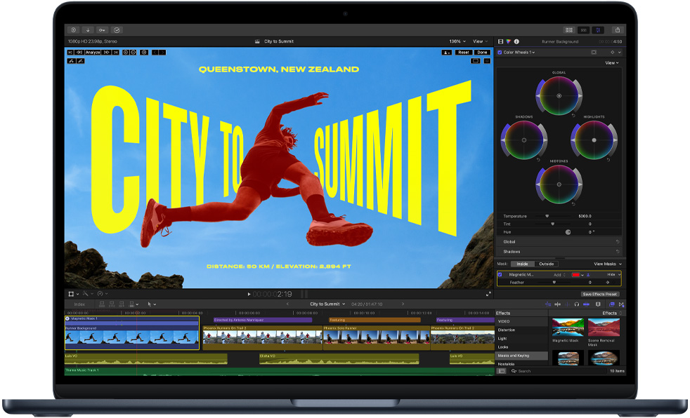 M5 çipin becerilerini göstermek için video düzenleme yapılan bir MacBook Air ekranı